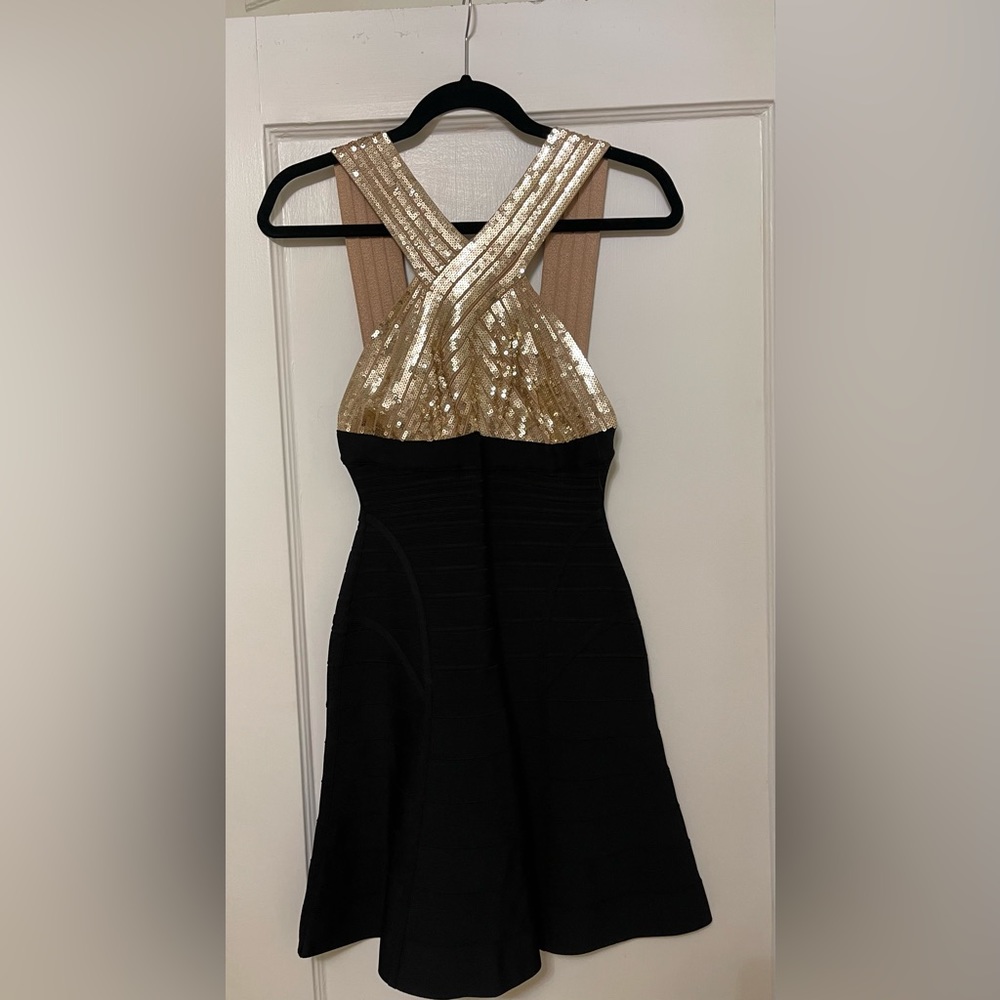 Herve Leger Gold/Black Dress With A-Line Skirt